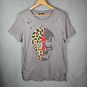 mineB Distressed Skull Leopard Lightning T-Shirt Gray Graphic Artsy Grunge Large